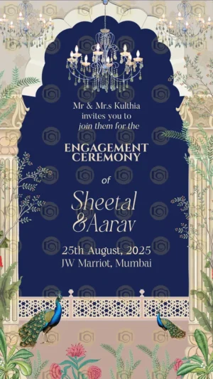 Elegant Peacock Themed Engagement Invitation With Vibrant Colors And Intricate Designs